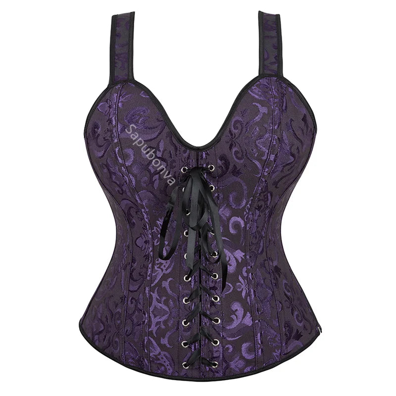 Voguable Rose Red Corset Top With Straps Sexy Bustier Zipper Brocade Vest Lingerie Plus Size Gothic For Women Outfit Burlesque Medieval voguable