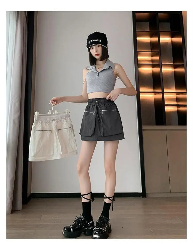 High Waist Drawstring Summer Women Short A Line Skirt Vintage Casual Cargo Big Zipper Pocket Skirt with Safety Shorts Hip Skirts voguable