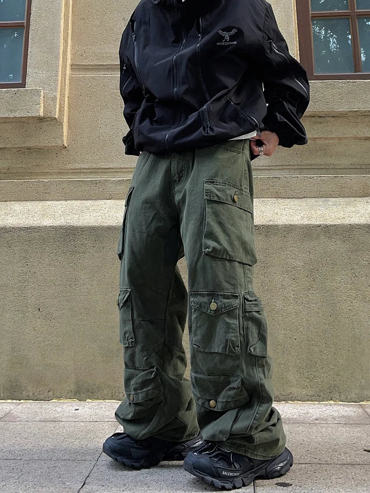 Street Popular White Multi-pocket Overalls Men's Harajuku Style Loose Casual Trousers Straight Mopping Pants Autumn New voguable