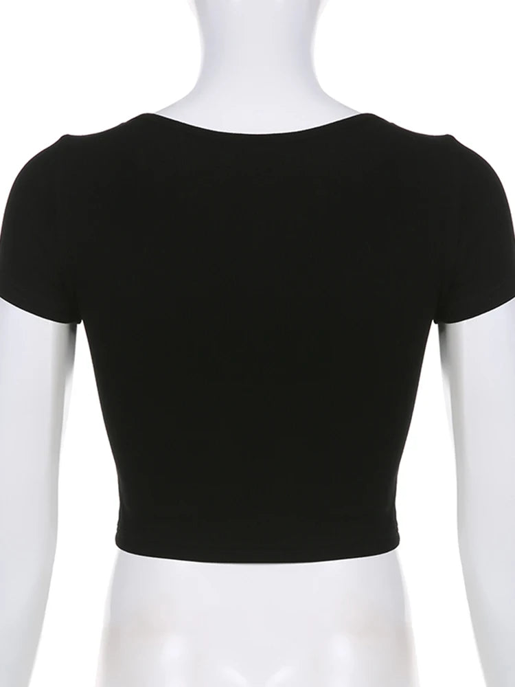 Voguable Contrast Stitching T-Shirt for Women Sweet Casual Short-Sleeved Square Collar Slim Shirts Korean Sexy Coquette Crop Top voguable