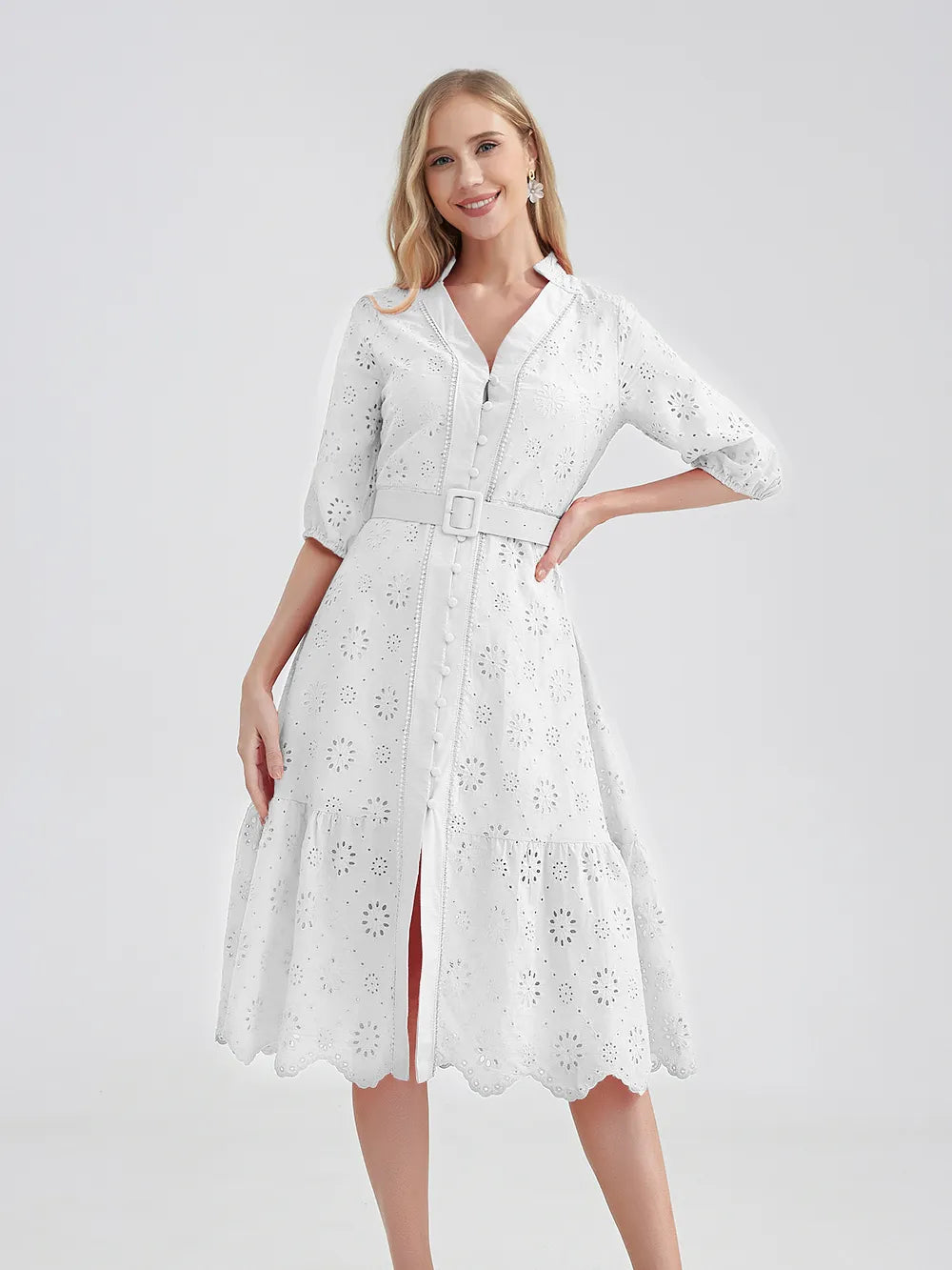 Cotton Hollow Out Summer Dress Women Holiday Perppy Casual High Waist Ruffled Mini V-Neck Dresses A-line Frills Vestido voguable