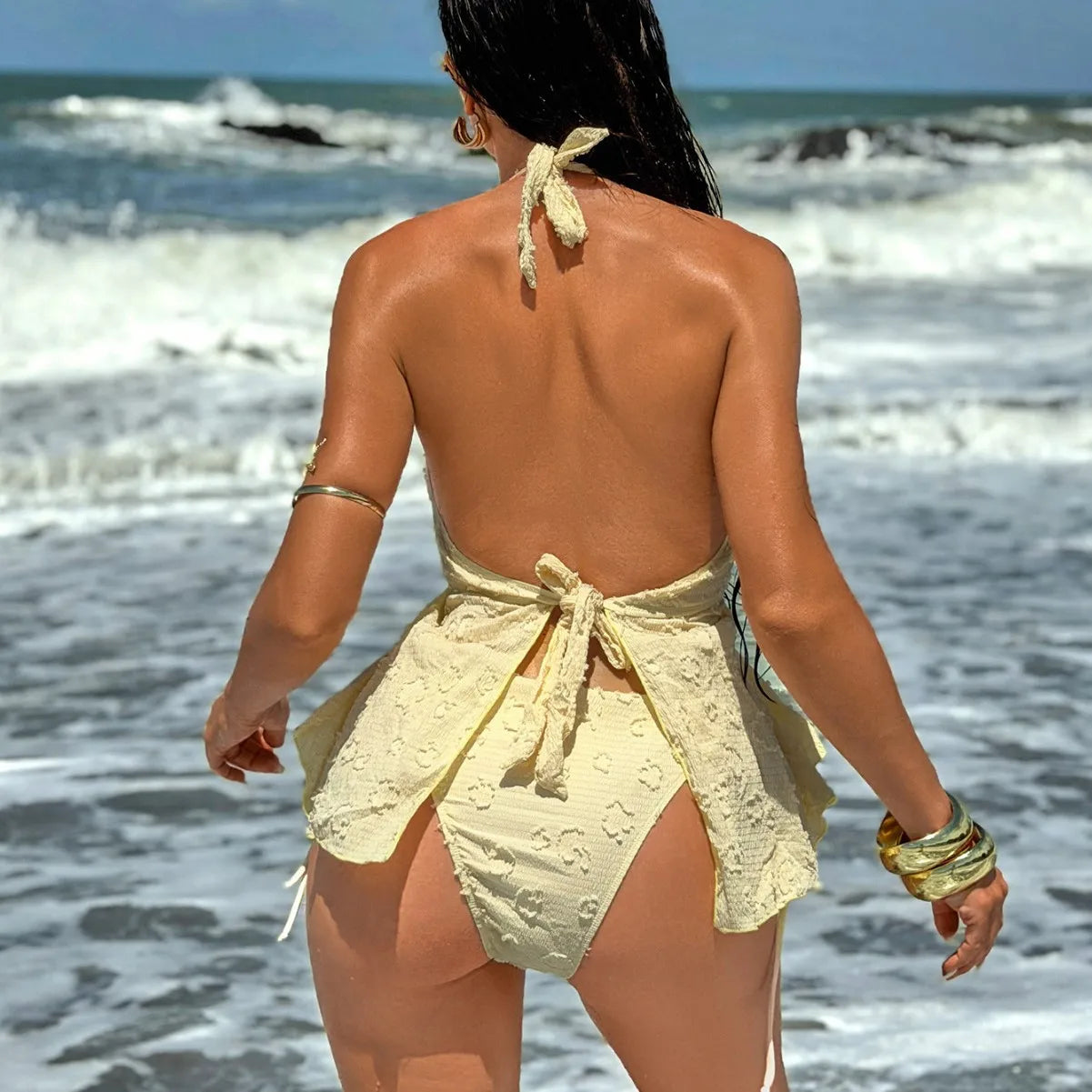 Voguable  Women Solid Backless Swimwears Textured Halter Tankini Swimsuit Ruffled Top with Side Tie Bottom for Summer Beach Pool Swimwear voguable