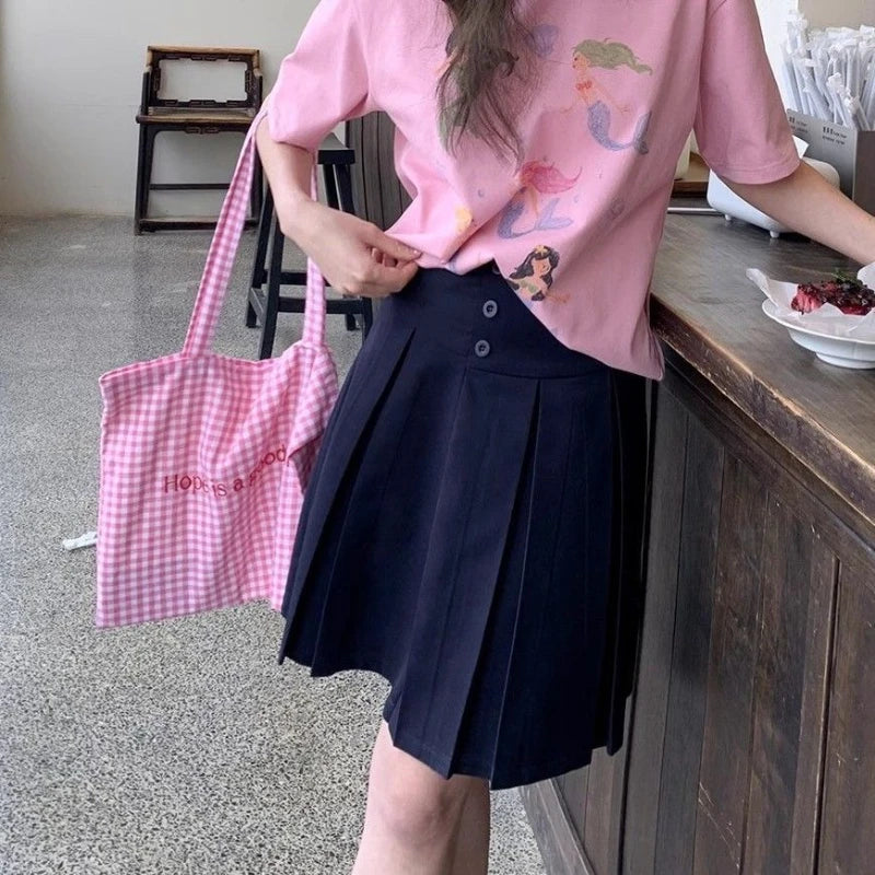 Preppy Style Pleated Skirt Women Korean Style Vintage Harajuku Mid Length Skirt Fashion Retro Solid Classic Skirts voguable