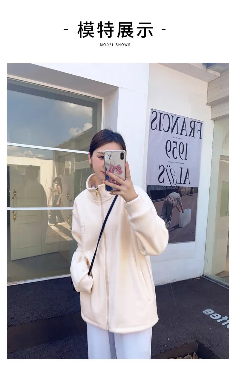 Women Zip Hoodie Thicken Fuzzy Fleece Sweatshirts Lamb Wool Zipper Thickened Oversize White Stand Collar Coats Soft Outerwear voguable
