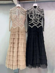 Solid Beaded Design Dresses For Women Round Neck High Waist Long Sleeve Elegant Dress Female Spring 2025 New voguable