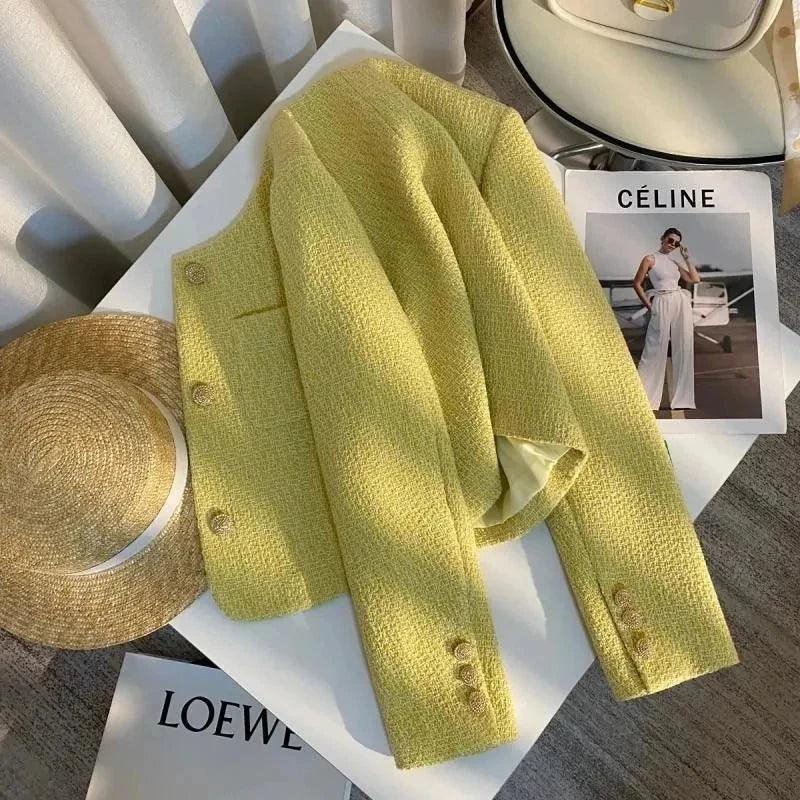 Yellow Sweet Tweed Jacket Women Elegant Retro Slim Long Sleeve Short Coat Korean O Neck Casual Fall Female Vintage Outwear voguable