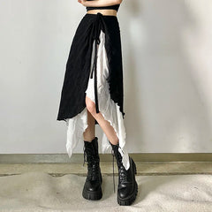 Voguable High Street Fashion Contrast Color Irregular Mesh A-Line Skirt Women 2023 Autumn New Korean Chic Lace Up Casual Mid-Length Skirt voguable