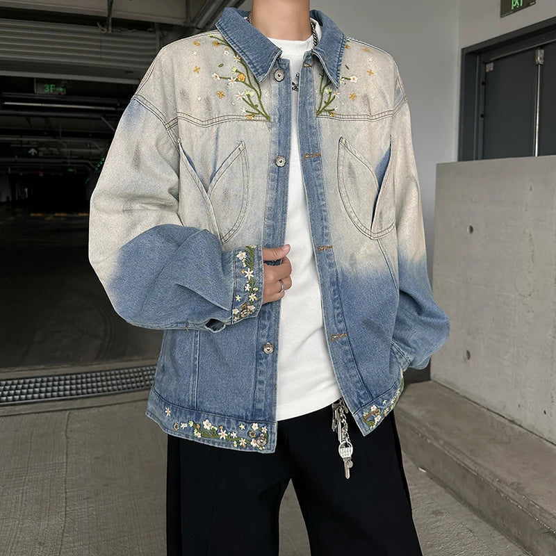 American Gradient Floral Embroidered Denim Jackets Men Women Korean Version Heavy Loose Tops Trendy Design Jackets Aesthetic voguable