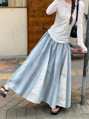 Sweet Lace Patchwork Long Skirts Women Korean Loose High Waist Skirt Casual Design Striped Plaid Elegant Female Skirts New voguable