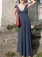 Chic Fashion Lace Polka Dot Long Dress V-neck Sexy Women Dress Navy Blue Vintege Elegant Dresses 2025 New Woman Clothing voguable