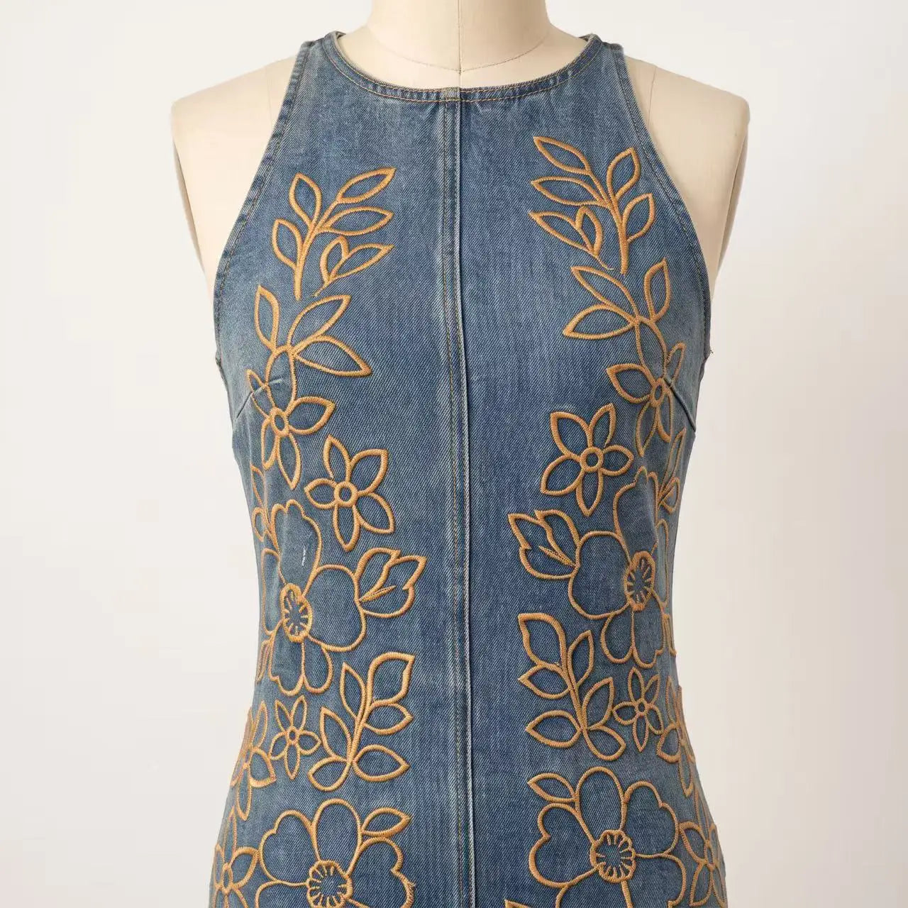Voguable  Women Sleeveless Denim Mini Dress Golden Floral Embroidery Front Zip Halter Neck Bodycon Short Dress Y2K Streetwear Party Club voguable
