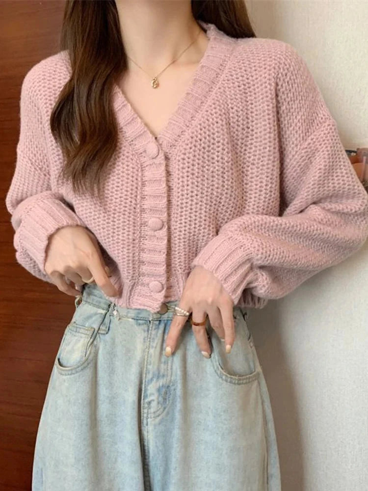 Sexy Cropped Sweet Cardigan Women V Neck Vintage Slim Long Sleeve Knitted Sweaters Korean Causal Simple Solid Lady Fall Tops New voguable