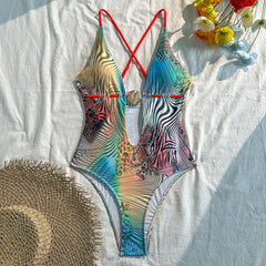 Voguable  Women Backless Sportswear Multicolor Gradient Zebra Print Halter One Piece Swimsuit with Shell Detail for Summer Beach Vacation voguable
