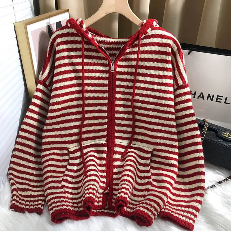 Autumn Winter Red Stripes Hooded Knit Cardigan Woman Korean Fashion Loose Casual Sweater Zipper Coat Oversized Long Sleeve Top voguable