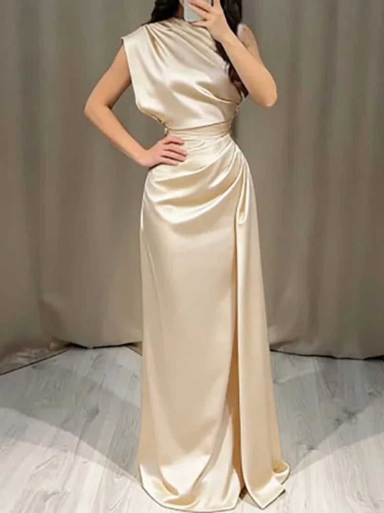 Voguable  Elegant High Waist Pleated Maxi Dress for Women Sleeveless Straight Satin LongCrew Neck Party Gown Solid Color Spring Summer voguable