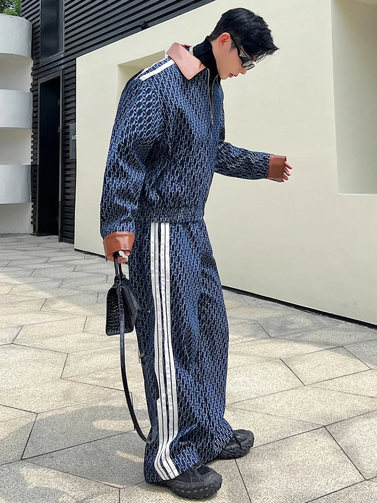 Voguable Spring New Men's Two Piece Printing Denim Jackets Sets Korean Style Loose Straight Jeans Classic Street Short Coat voguable