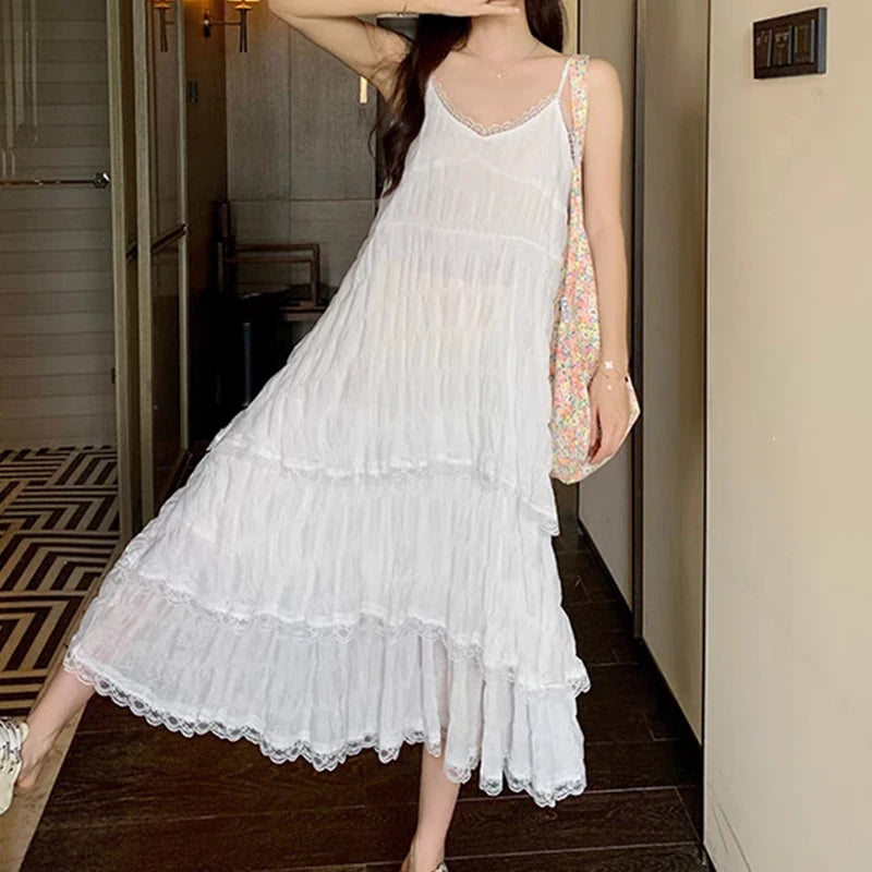 Voguable White Lace-up Midi Dresses Sweet Gentle Ruffle Casual Loose Mesh Backless Sleeveless Vacation Summer Women Long Dresses voguable