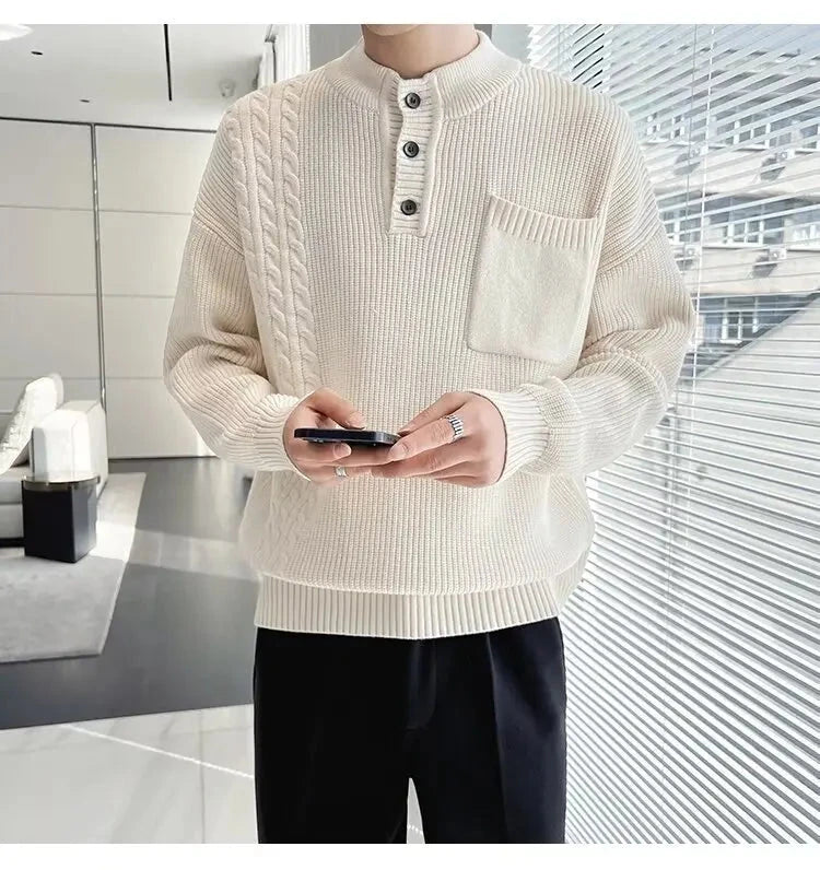 Korean Popular Men's Henry Collar Sweater Light Luxury Knit Long Sleeve Button Pullover Trending Jacquarded Solid Color Knitwear voguable