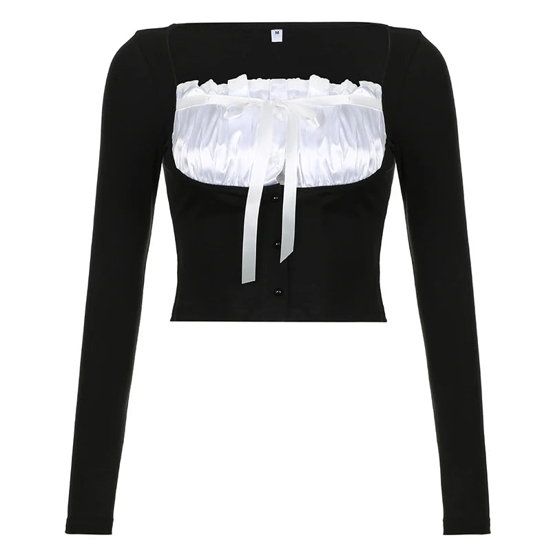 Voguable Sweet Contrast Pleated Satin Patchwork Cropped Top Women Coquette Slim-fit Knitted T-shirts Fall Spring Y2K Tops Kawaii voguable