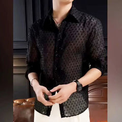 Fall Vintage Fashion Black Dress Shirt Man Shirt Men's Hollow Mesh Lace Long Sleeve Loose Casual Shirts Male Streetwear voguable