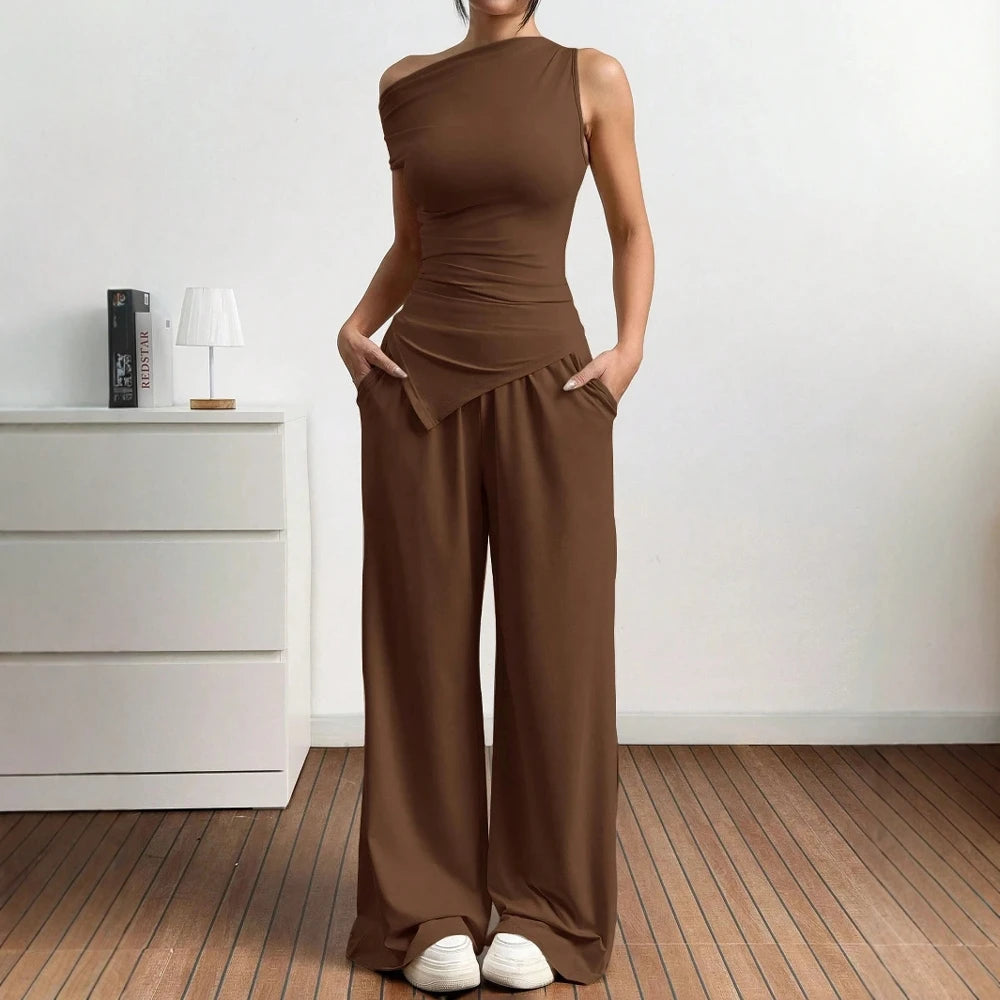 Sets Summer Casual Plain Asymmetrical Short Sleeve One-Shoulder T-Shirts Full Length Wide Leg Pants Sets For Women voguable