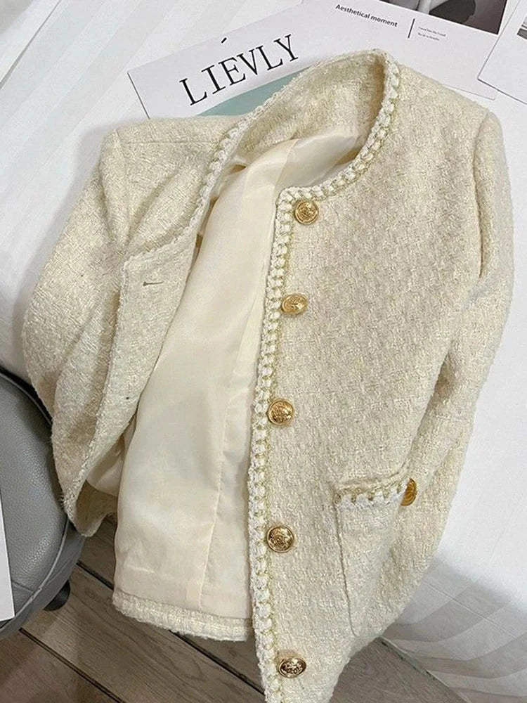 French Sweet Tweed Jacket Women O Neck Elegant Slim Long Sleeve Coat Vintage Casual Single Breasted Female Fall Winter Tops voguable