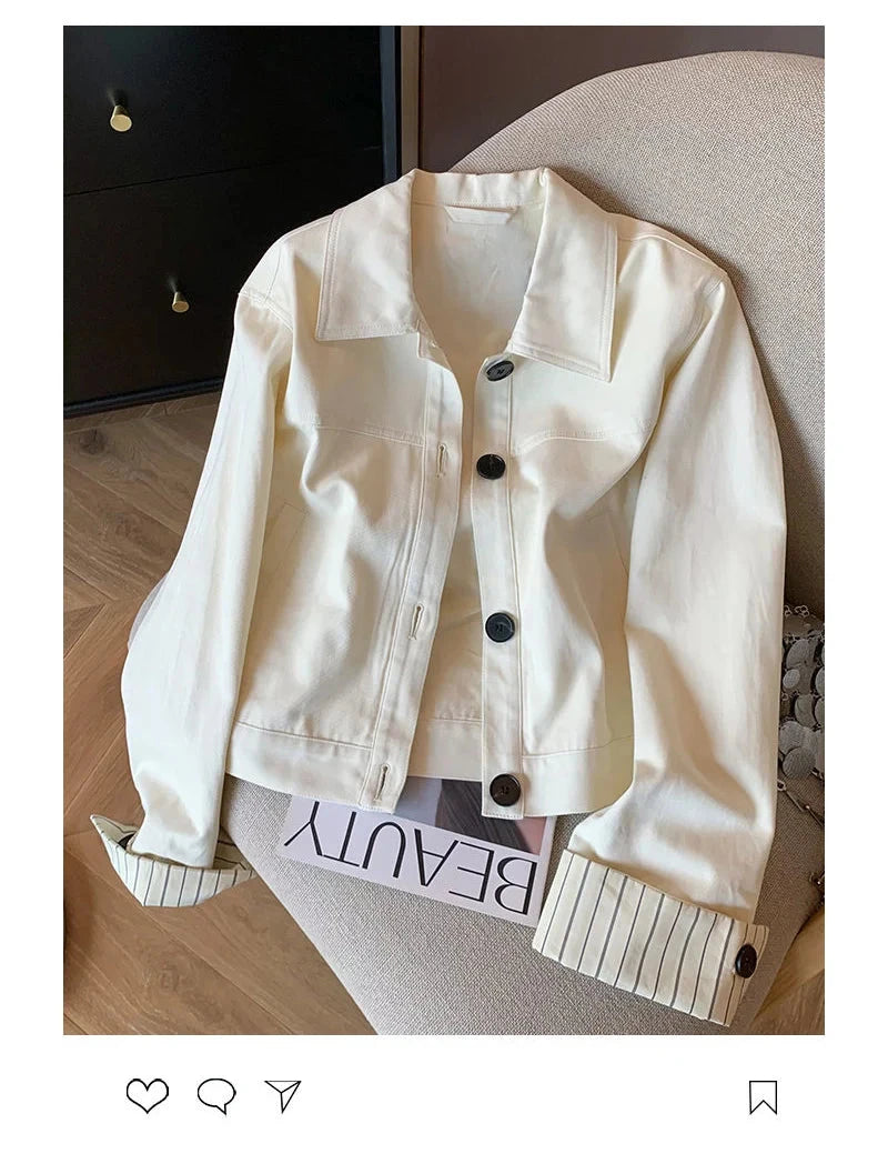 Fashion Sweet Slim Denim Jacket Women Korean Long Sleeve Striped Patchwork Short Coat Fall Winter Female Chic Outwear Tops voguable