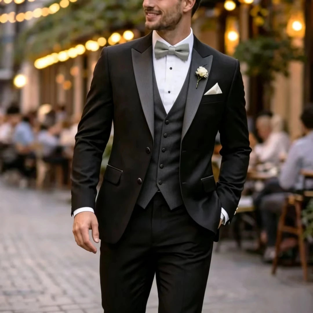 Voguable  Men Suit Black Ivory 3 Pieces Single Button With Lapel For Wedding Birthday Banquet Party Business Work Office Jacket Vest Pant voguable