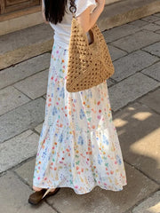 Voguable  Sweet Floral A-line Long Skirt for Woman Summer Elegant High Waisted Ruffle Hem Skirts Women All Match Spliceing Midi Cake Skirt voguable