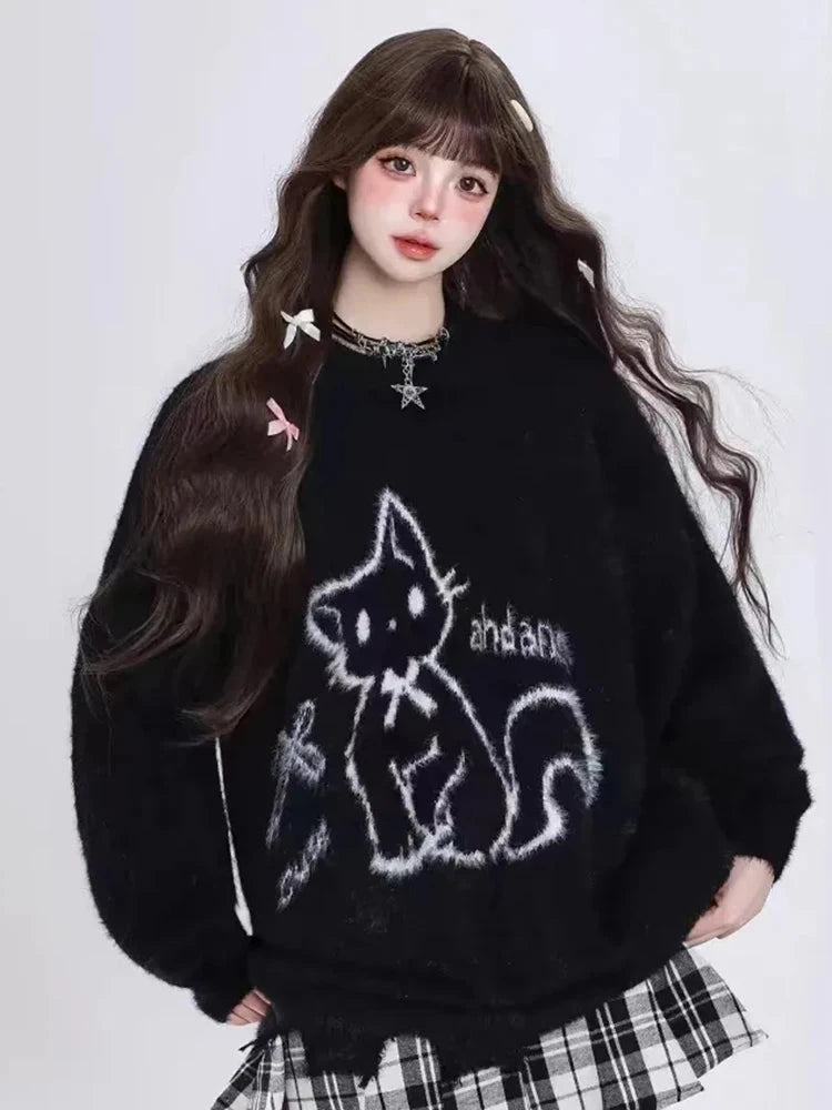 Kawaii Hole Sweet Sweaters Women Vintage Faux Mink Cashmere Cartoon Knitted Jumper Preppy Style Cute Japan Lazy Wind Tops voguable