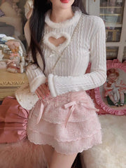 Voguable Heart Design White Pink Japanese Kawaii Lolita Blouse Cropped Hollowed Out Slim Knitted Long Sleeve Sweet Bandage Casual Shirt voguable