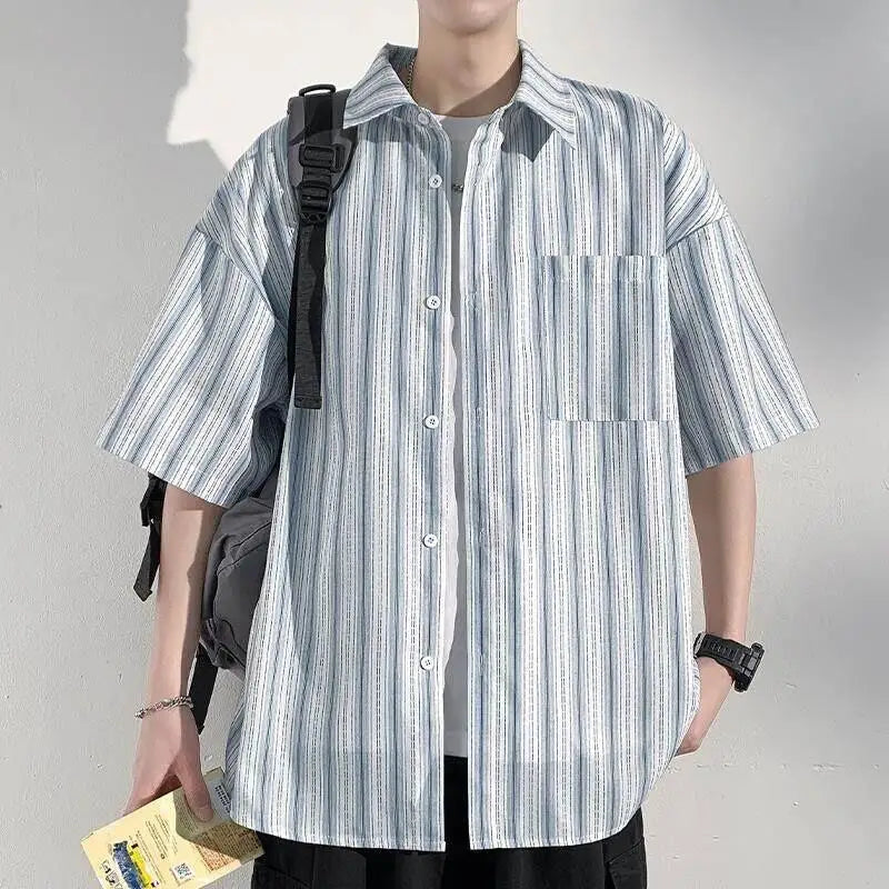 Voguable  Men's Casual Breathable Short Sleeve Shirt Vertical Stripe Color-Block Lapel Relaxed Fit Trendy Summer Style Top voguable