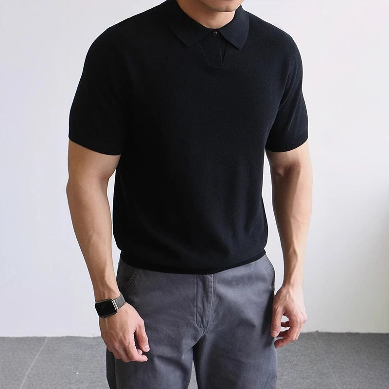 New Men's Clothing Light Luxury Business Polo Shirt Casual Slim-fit Knitted Solid Color Short Sleeve T-shirt High Quality Tops voguable