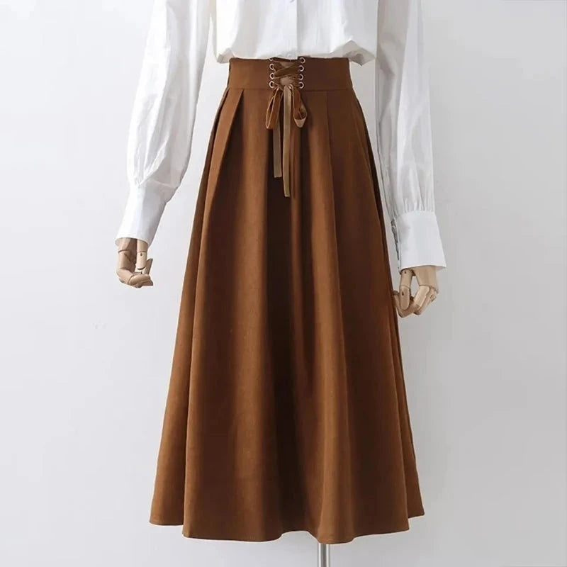 Preppy Style Vintage Long Skirts Women High Waist Sweet Loose A Line Skirt Lace Up Retro Fall Winter Female Elegant Long Skirts voguable