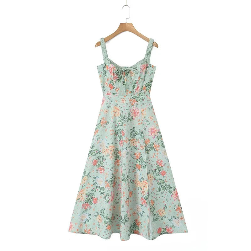  Women French Style Floral Print A-line Midi Sling Dress Sexy Sleeveless Front Slit Female Holiday Party Summer Dress