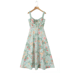  Women French Style Floral Print A-line Midi Sling Dress Sexy Sleeveless Front Slit Female Holiday Party Summer Dress