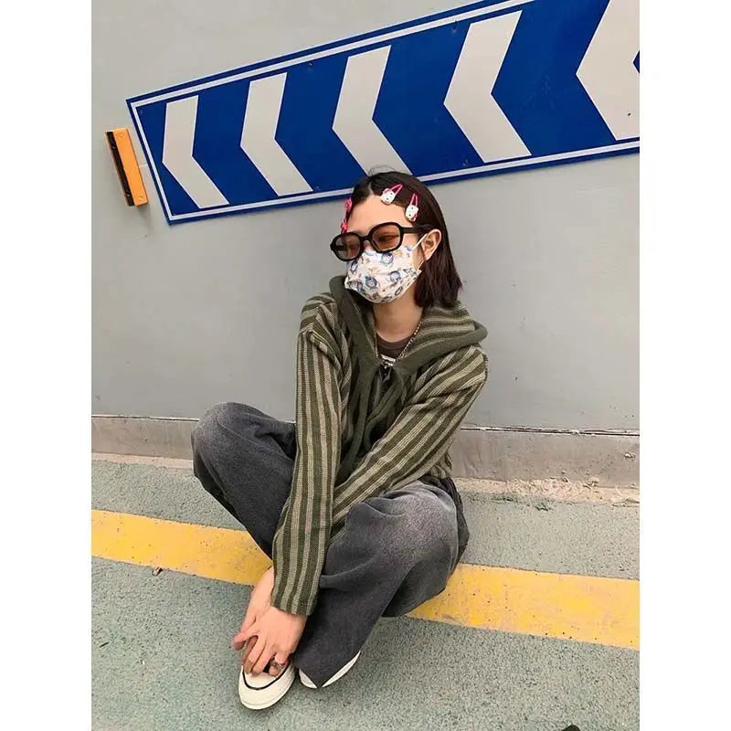 2025 Spring Autumn Korean Hooded Loose Harajuku Sweaters Women Striped Zipper Cardigan Knitted Fashion Gothic Y2k Tops Jumper voguable