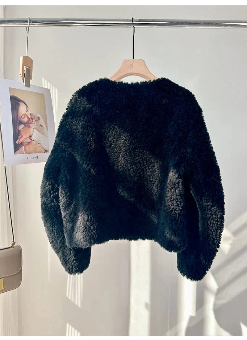 Winter Vintage Women Faux Lamb Coat Warm Soft Long Sleeve V Neck Sweet Jacket Retro Simple Solid Korean Female Preppy Style Tops voguable