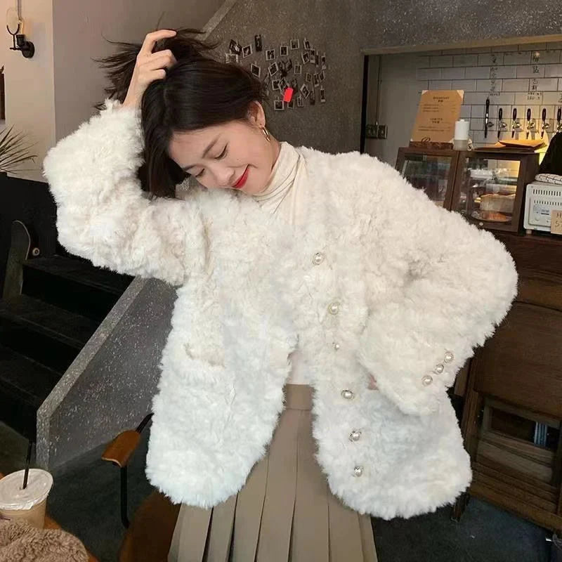 Women Sweet Cute Faux Lamb Coat Winter Warm Thick Slim Long Sleeve Vintage Jacket Korean O Neck Elegant Pearls Buttons Tops New voguable
