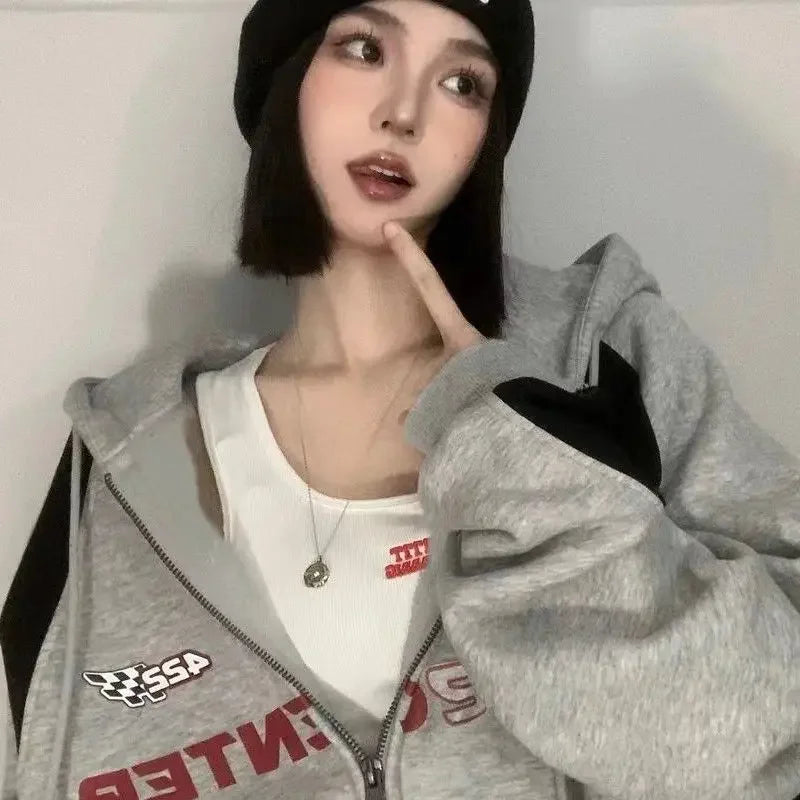Vintage Oversize Zip Up Hoodies Women Streetwear Korean Fashion Harajuku Sweatshirt Hooded Baddie Clothes Graphic Hoodie voguable