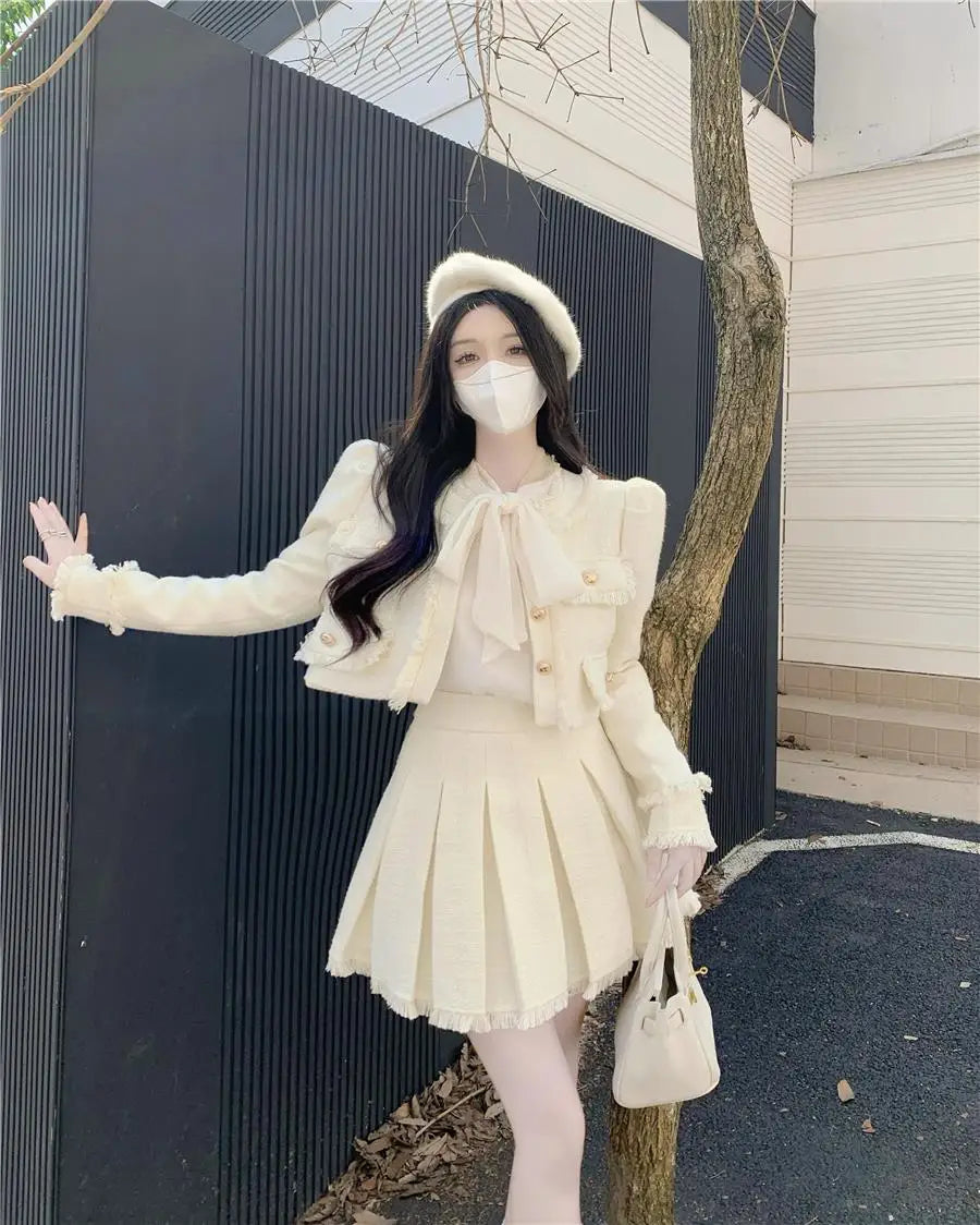 Voguable  Spring New French Vintage Tweed Two Piece Set Women Short Jacket Coat + Pleated Skirt Suits Korean Ladies Luxury Outfits voguable