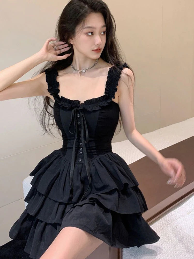 Voguable  Sexy Slip Lolita Style Black Dress Women Vintage Sleeveless Y2K Mini Dress Summer Slim Sweet Korean Lace Up Cake Dress New voguable