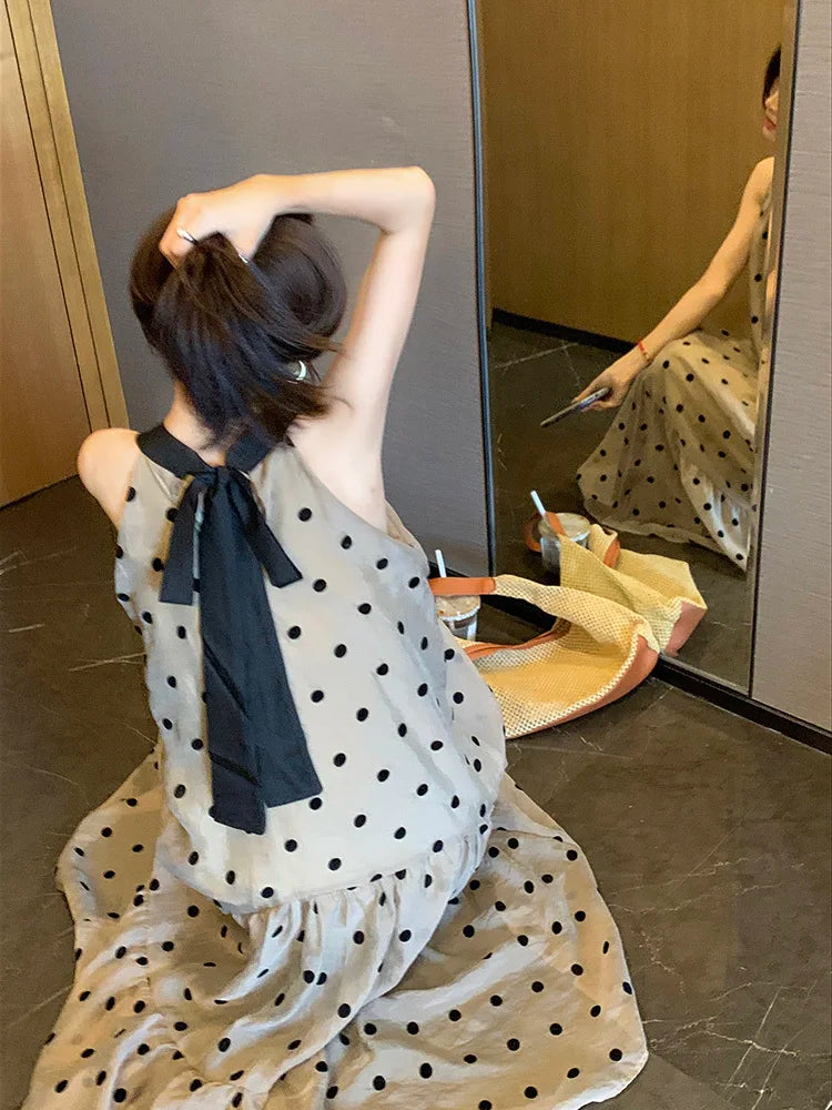 Woman Dress Sleeveless Polka Dot Bandage Halter Ruffles Stand Collar Loose Sweet Elegant Dresses Female Casual voguable