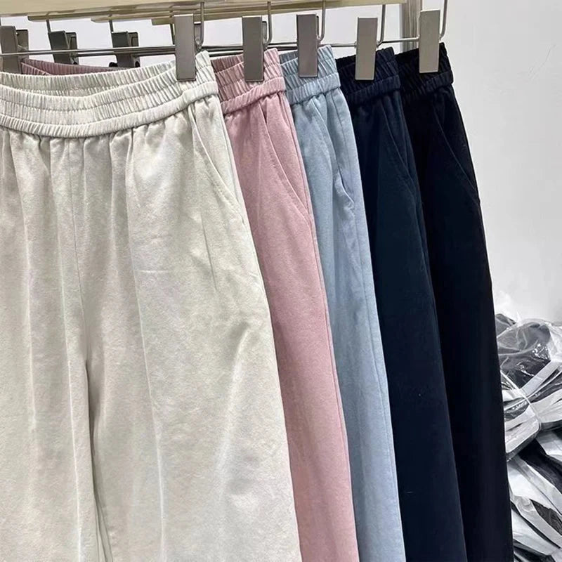 Korean Chic Ruffle Patchwork Ankle Length Pants Women Summer High Waist Loose Wide Leg Pants Elastic Waist Baggy Casual Trousers voguable