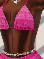 Voguable  Women 3 Piece Gradient Pink Bikini Set Halter Triangle Top with Wrap Skirt Cover Up Textured Swimwear Beach Bathing Suit voguable