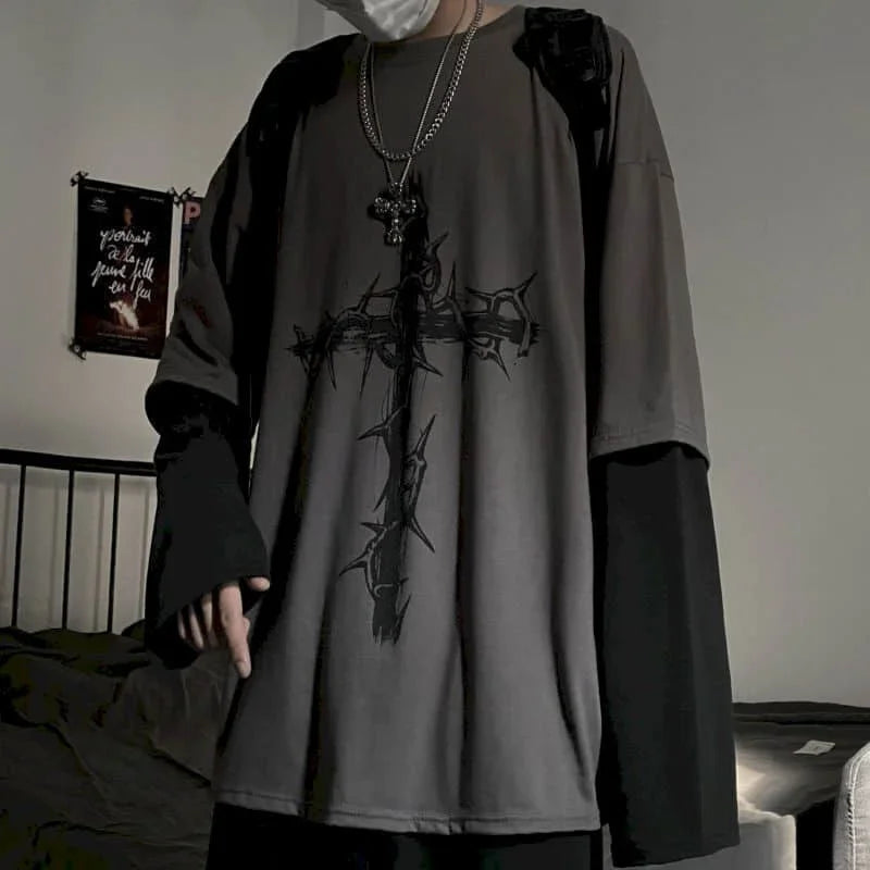 T-shirt Cross of Thorns fake two-piece for men women long-sleeved dark hip-hop loose large size autumn new trend top Simplicity voguable