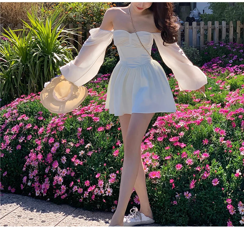 Voguable White Bubble Sleeve Dress Summer New Niche Design Pure Princess Skirt Girl Elegantes Party Prom Sexy Vintage Evening Women Y2k voguable