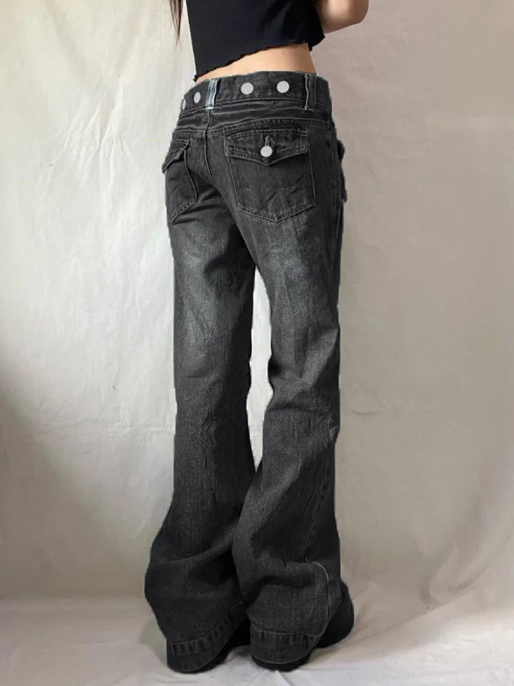 Safari Style Button Decoration Jeans Basic Loose Low-Waisted Wide Leg Pants Women Autumn Winter Streetwear Ladies voguable