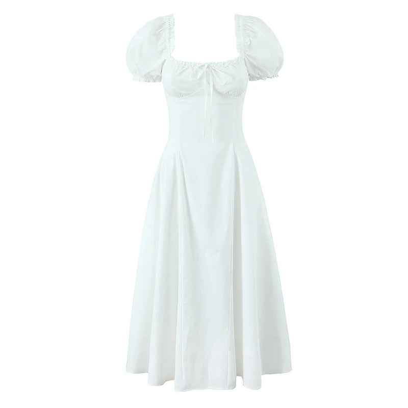 New Women Sexy Off Shoulder Elegant Party Dresses Short Sleeve Lace Up Back A-line Midi Summer Dress Blue White Robe voguable