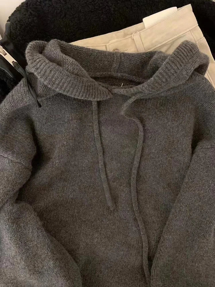 Autumn Knitted Hoodie for Women Korean Loose Thick Warm Casual Sweatshirt Bf Solid Simple Basic All Match Pullover Sweater New voguable